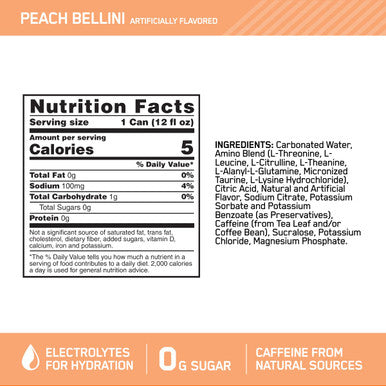 Optimum Nutrition Amino Energy Drink + Electrolytes For Hydration - Sugar Free Amino Acids Bcaa Keto Friendly Sparkling Drink - Peach Bellini Pack Of 12 (Packaging May Vary)