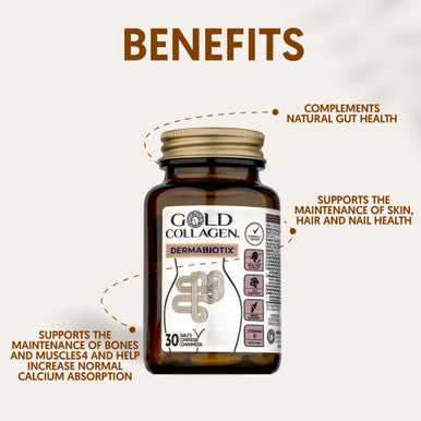 GOLD COLLAGEN Dermabiotix - Probiotics for Gut Health and Hair Nail Skin Supplement with Vitamin C B D Biotin Zinc and Folic Acid - Bones Muscles and Calcium Absorption Support 30 Tablets