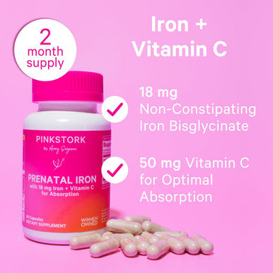 Pink Stork Prenatal Iron Supplement for Women - 18 mg Non-Constipating Iron & Vitamin C for Pregnancy Postpartum & Breastfeeding - Focus Fatigue & Blood Cell Production - 2 Month Supply