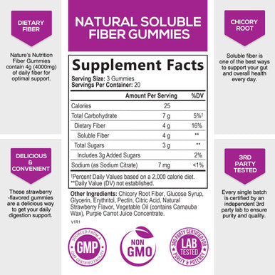 Fiber Gummies Dietary Fiber Supplement for Regularity and Digestive Health Support - Natural Prebiotic Fiber for Adults - Strawberry Fruit Flavor - Non-GMO, Gluten Free, Vegan - 60 Gummies
