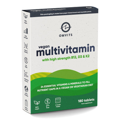 Omvits Vegan Multivitamins & Minerals - with High Strength Vitamin B12 D3 K2 & Iron - 180 Tablets in Low Waste Packaging - 6 Month Supply - Advanced Supplement for Men & Women - Palm Oil & GMO Free