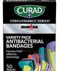Curad Performance Series Ironman Antibacterial Bandages Extreme Hold Adhesive Technology Finger & Knuckle Bandages Flexible Fabric Variety Pack with Assorted Sizes & Colors 50 Count