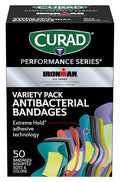 Curad Performance Series Ironman Antibacterial Bandages Extreme Hold Adhesive Technology Finger & Knuckle Bandages Flexible Fabric Variety Pack with Assorted Sizes & Colors 50 Count