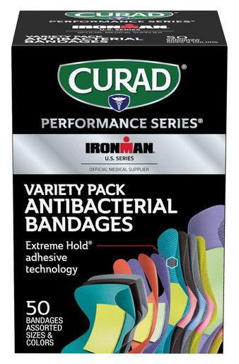 Curad Performance Series Ironman Antibacterial Bandages Extreme Hold Adhesive Technology Finger & Knuckle Bandages Flexible Fabric Variety Pack with Assorted Sizes & Colors 50 Count