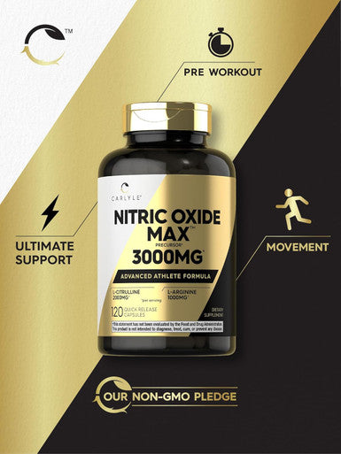 Carlyle Nitric Oxide Supplement 3000mg | 120 Capsules | Pre Workout with L-Arginine & L-Citrulline | Non-GMO Gluten