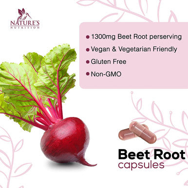 Nature's Nutrition Beet Root Capsules 1300mg Per Serving Natural Beetroot Powder Extract USA Bottled Vegan Herbal Nitrate Supplement Nitric Oxide Supports Natural Endurance and Energy NonGMO 60 Capsules