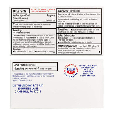 Rite Aid Stay Awake Tablets , 200 mg - 100 Tablets | Pills | Supplement | Pills 200mg | Equal to About a Cup of Coffee | Mental Alertness Aid | Energy Pills