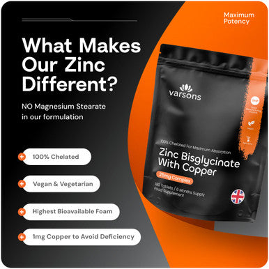 varsons Chelated Zinc Bisglycinate 25mg with Copper - High Absorption Zinc Tablets for Immunity Skin Bones & Hair - 6 Month Supply & Magnesium Stearate-Free