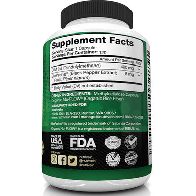 Nutrivein DIM Supplement 400mg Diindolylmethane Plus Bioperine - Maintain Hormone Balance with Estrogen for Menopause and Middle Age - Supports Acne and PCOS Treatment Men & Women