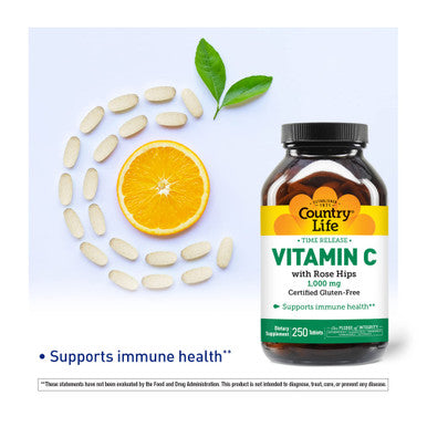 Country Life Time Release Vitamin C With Rose Hips Supports Immune Health 1 000Mg 250 Tablets Certified Gluten Free Certified Vegan