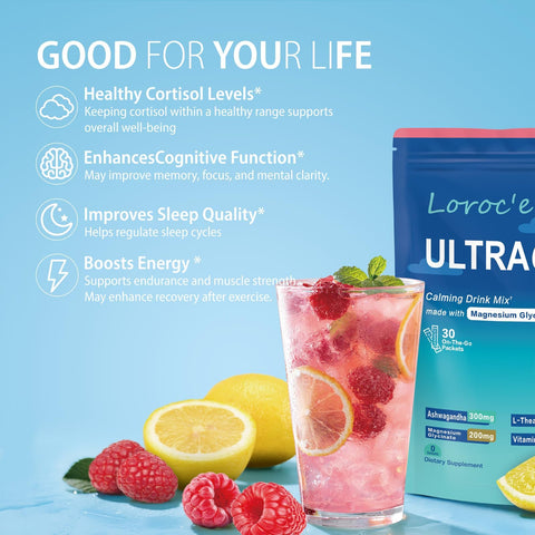 UltraCalm Super Cortisol Drink with Magnesium Glycinate Ashwagandha LTheanine Vitamin D3 Magnesium Powder for Sleep and Stress Relief Raspberry Lemonade (30 Servings)
