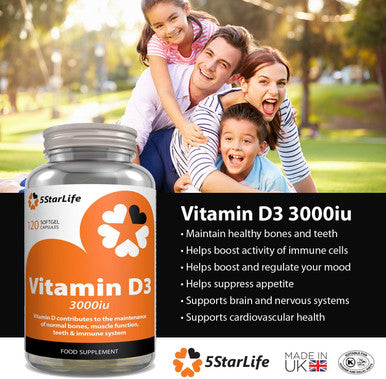 5StarLife Vitamin D3 3000iu, 120 Softgel Capsules, Daily VIT D3, 4 Months Supply