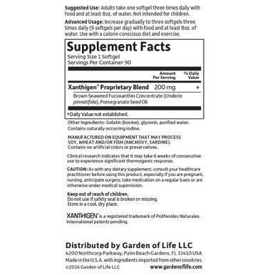 Garden of Life Fucoxanthin Supplements - Fucothin Diet Pill For Weight Loss 90 Softgels