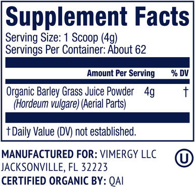 Vimergy USDA Organic Barley Grass Juice Powder, 62 Servings Super Greens Powder Contains Iron, Vitamin C, & Vitamin E Non-GMO, Gluten-Free, Soy-Free, Vegan & Paleo Daily Greens Booster (250g)