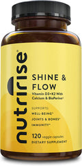 NutriRise Vitamin K2 + D3 Supplement with Calcium & BioPerine - Shine & Flow - 120ct - 5000 IU: Gluten-Free, Immune & Energy Support, Vegetarian Capsules to Promote Bone Health & Joint Comfort