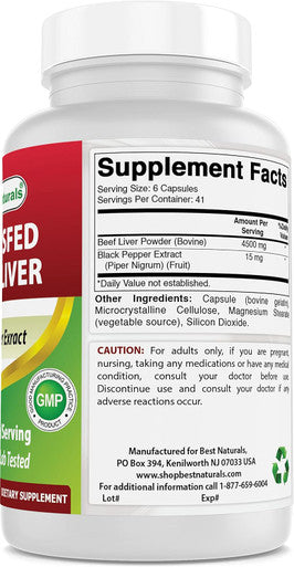 Best Naturals Grass Fed Beef Liver Capsules 4500mg 250 Count - Desiccated Supplement - Energy Production Detoxification Digestion Immunity - Added Black Pepper Extract for Maximum Absorption.