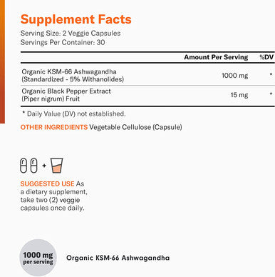 KSM66 Ashwagandha Root Powder Extract High Potency 5 Withanolides 1000mg of Clinically Studied KSM66 Black Pepper Stress Support Wellbeing Vegan NonGMO 60 Capsules