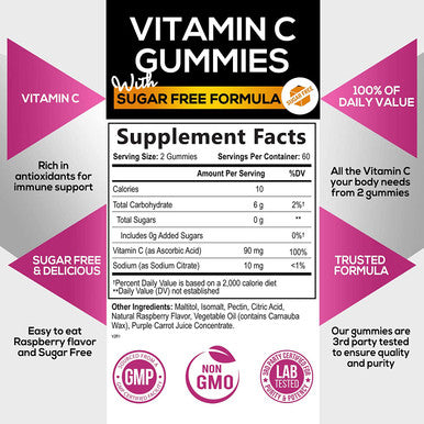 Sugar Free Vitamin C Gummies for Adults & Kids - Vegan Immune Support & Antioxidant Vitamins - Non-GMO, Dairy & Gluten Free C Vitamins - Vegetarian, Raspberry Flavor Nature's Supplements - 120 Gummies