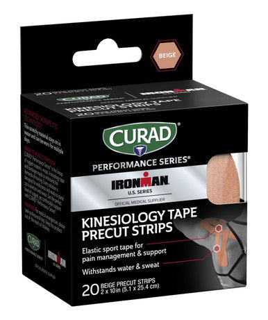 Curad Performance Series IRONMAN Kinesiology Tape Pain Management Technology Sweat & Water-Resistant Athletic Tape Compression Support for Joints & Muscles Beige 2 x 10 inches 1 Roll (20 Strips)