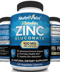 Nutrivein Premium Zinc Gluconate 100mg - 120 Capsules - Immunity Defense Boosts Immune System & Powerful Antioxidant - Promotes Healthy Skin and Acne Defense - Essential Elements for Absorption