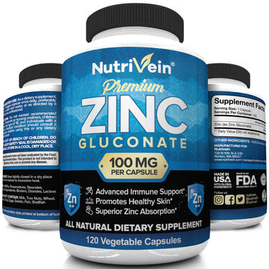Nutrivein Premium Zinc Gluconate 100mg - 120 Capsules - Immunity Defense Boosts Immune System & Powerful Antioxidant - Promotes Healthy Skin and Acne Defense - Essential Elements for Absorption