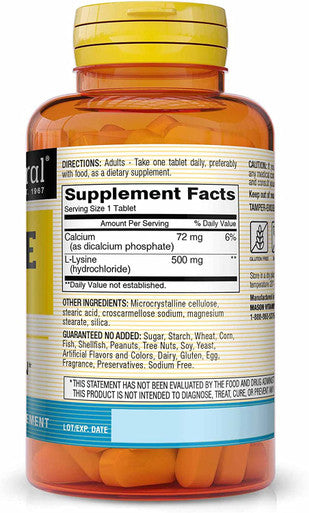 Mason Natural L-Lysine 500 mg with Calcium - Improved Immune Function, Enhanced Nutrient Absorption, Essential Amino Acid, 100 Tablets (Pack of 3)