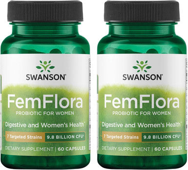 Swanson FemFlora - Feminine Probiotic Supplement - Probiotics for Women - Supporting Flora of The Mouth GI Tract and Vagina - 9 Billion CFU Per Capsule - (60 Capsules) (2 Pack)