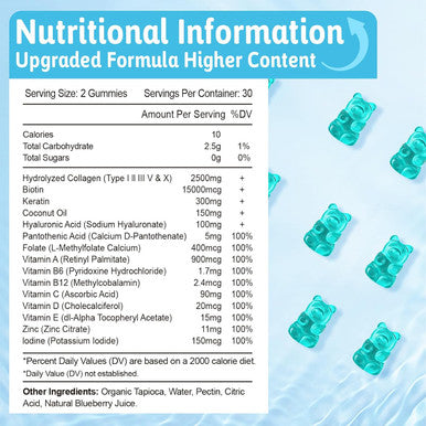 2 Pack Biotin Gummies 15000 Mcg With Collagen & Keratin For Hair Skin Nails & Joints- Women Men, Kids - 120 Blueberry Flavored Gummies