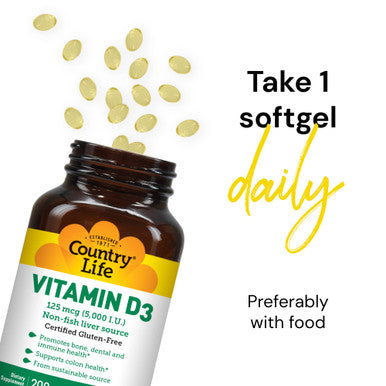 Country Life Vitamin D3 5000 Iu Supports Healthy Bones Teeth And Immune System Daily Supplement 200 Ct