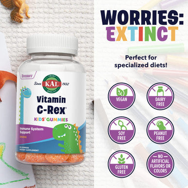 KAL Vitamin C-Rex Kids' Gummies, Vitamin C Gummies for Kids, Healthy Immune, Bone, Muscle & Skin Support Vitamin C Gummy, Vegan, Gluten , 60 Day , 30 Servings, 60 Gummies