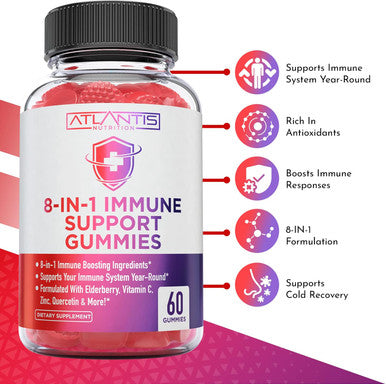 Atlantis Nutrition 8-In-1 Immune Support Gummies W/Elderberry - Immune Support Supplement W/Elderberry, Quercetin, Zinc & Vitamin C Gummies - Immunity Boosters For Adults & Kids - Delicious Elderberry Flavor - 60 Count