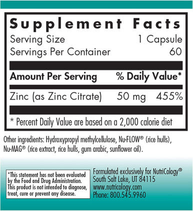 Nutricology Zinc Citrate Supplement - Zinc For Men & Women, Immune Support, Pure, Well-Absorbed, Well-Tolerated, Trace Mineral, 50Mg Vegetarian Capsules - 60 Count