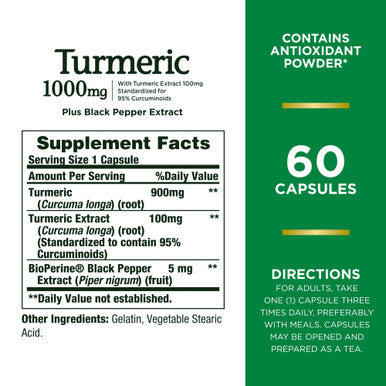 Nature's Bounty Turmeric With Black Pepper Extract Supports Antioxidant Health 1000Mg 60 Capsules