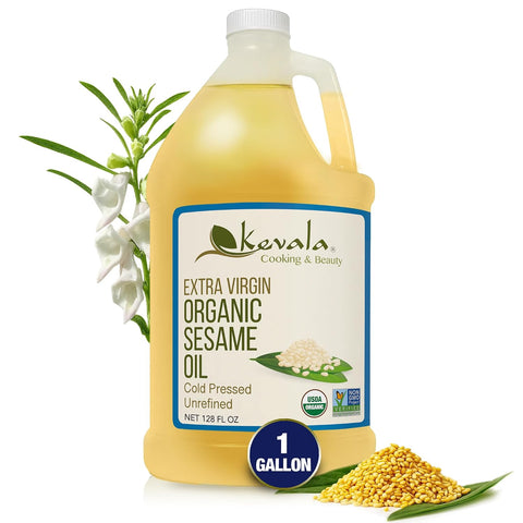 Kevala Organic Extra Virgin Sesame Oil 64 fl oz 1/2 Gal Sesame Seed Organic Cooking Oil Cold Pressed Unrefined