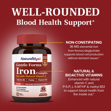 Gentle Iron Supplement For Women Men With Vitamin C, Folate, B6 & B12 Stomach Friendly Iron Bisglycinate Non-Constipating Iron Pills For Blood, Energy & Immune Support 60 Vegan Caps