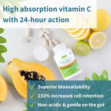 Super Vitamin C Complex 1000Mg, High Absorption 24-Hour Action Pureway-C, Clean Ingredients, Non-Acidic & Gentle, Vegan, 60 One-A-Day Tablets, By Igennus