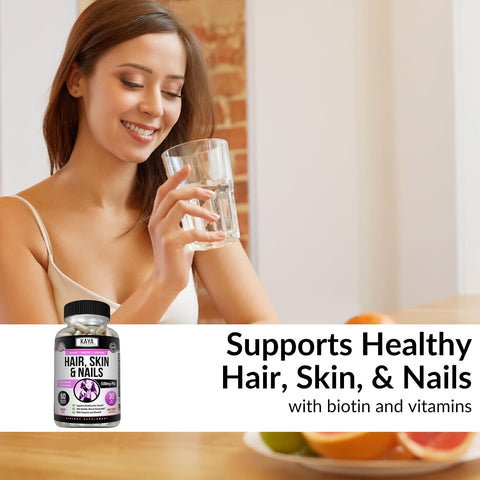 Kaya Naturals Hair Skin Nail Capsules BIOTIN Vitamin D Vitamin B12 A Folic Acid Support Hair Support Vitamin Supplement 180 Count