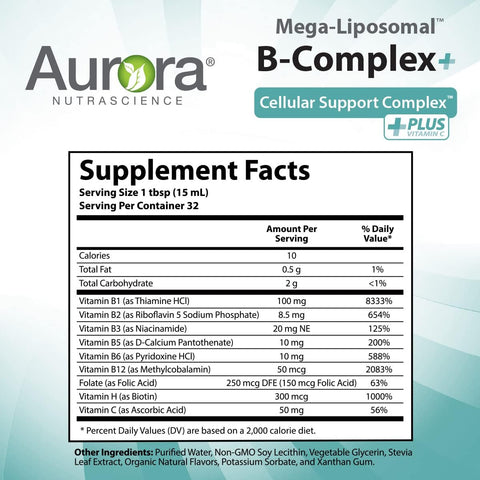 Aurora Nutrascience MegaLiposomal BComplex + Vitamin C Supports Energy Immune and Nervous System Health Gluten NonGMO SugarFree Orange Flavor 10 Single Serve Packets