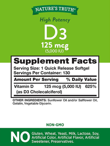 Nature's Truth Vitamin D3 5000 IU Softgels 130 Count | High Potency Vitamin D | Non-GMO, Gluten