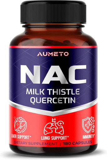 Aumeto Nac Supplement N-Acetyl-L-Cysteine - Enhanced with Milk Thistle + Quercetin for Optimal Immunity Respiratory Liver Wellness (180 Count (Pack of 1))