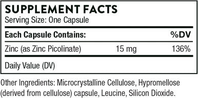 Thorne Zinc Picolinate 15Mg - Highly Absorbable Zinc Supplement - Supports Wellness, Immune System, Eye, Skin, And Reproductive Health - Gluten-Free, Soy-Free, Dairy-- 60 Capsules