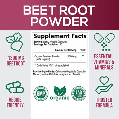 Nature's Nutrition Beet Root Capsules 1300mg Per Serving Natural Beetroot Powder Extract USA Bottled Vegan Herbal Nitrate Supplement Nitric Oxide Supports Natural Endurance and Energy NonGMO 60 Capsules