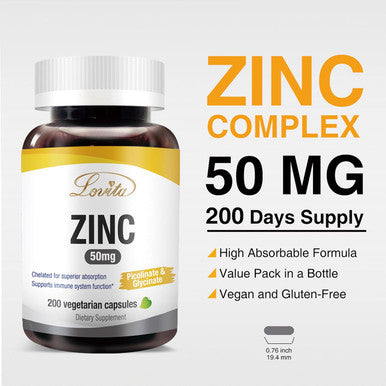 Lovita Zinc 50Mg Potent Highly-Absorbed Chelated Zinc Supplements, Picolinate & Bisglycinate Vegan, Gluten Free, Non-Gmo For Immune, Antioxidant Support & Healthy Skin 200 Capsules (Pack Of 3)