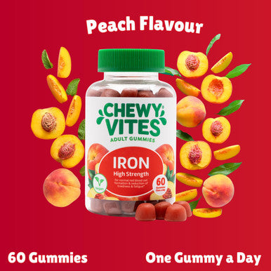 Chewy Vites Adult High Strength Iron 60 Vitamin Gummies 14mg Ferrous Fumerate Iron Gummies with Vitamin C 2 Months Supply Real Fruit Juice Vegan Peach Flavour