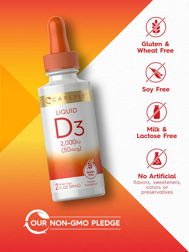 Carlyle Liquid Vitamin D3 | 2000 IU | 2 oz | Vegetarian Non-GMO and Gluten Formula | 50mcg | Vitamin D Liquid Drops for Adults