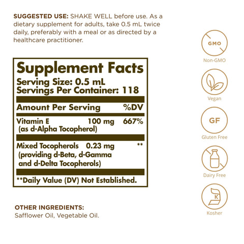Solgar Liquid Vitamin E (With Dropper) 2 Fl. Oz. - Antioxidant Skin & Immune Support Overall Health - Natural Liquid Vitamin E - Non-Gmo Vegan Gluten Free Dairy Free Kosher 118 Servings