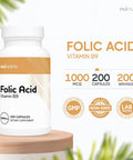 Nui Nutra Folic Acid Supplement | 1000mcg | 1mg | 200 Capsules | Nervous & Cardiovascular System Support | Essential Vitamin for Women | Development and Brain Support | Vitamin B9 | Acido Folico