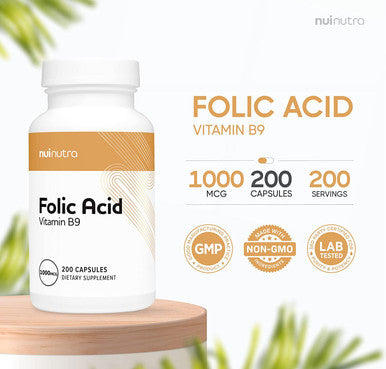 Nui Nutra Folic Acid Supplement | 1000mcg | 1mg | 200 Capsules | Nervous & Cardiovascular System Support | Essential Vitamin for Women | Development and Brain Support | Vitamin B9 | Acido Folico