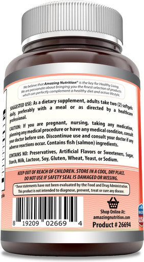 Amazing Nutrition Omega Wild Alaskan Salmon Oil (Omega-3 EPA/DHA) Supplement | 2400 Mg Per Serving | 120 Softgels | Non-GMO | Gluten- | Made in USA