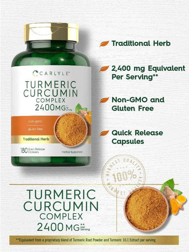 Carlyle Turmeric Curcumin Supplement 2400mg | 180 Powder Capsules | Herbal Complex | Non-GMO Gluten Formula
